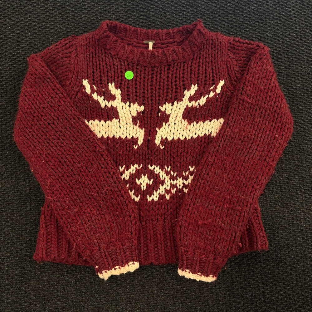 Free People Reindeer Ugly Christmas Pullover Sweater Knit Wool Blend Red XS - Picture 1 of 8